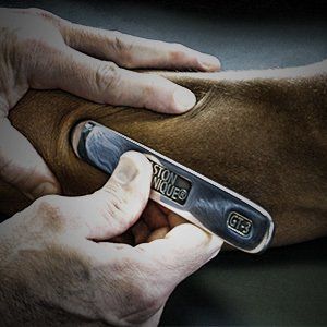 a person is holding a Graston tool during a massage session