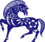 Blue horse with floral patterns, in a stylized pose, likely for a cultural motif.