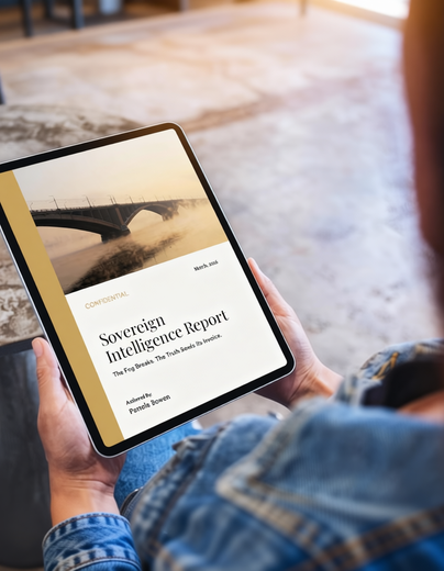 Person holding a tablet showing a report page with a bridge photo and text on a blurred sofa