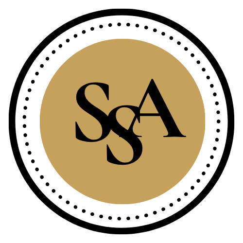 Circular black-and-gold S&A logo with dotted border and white outer ring