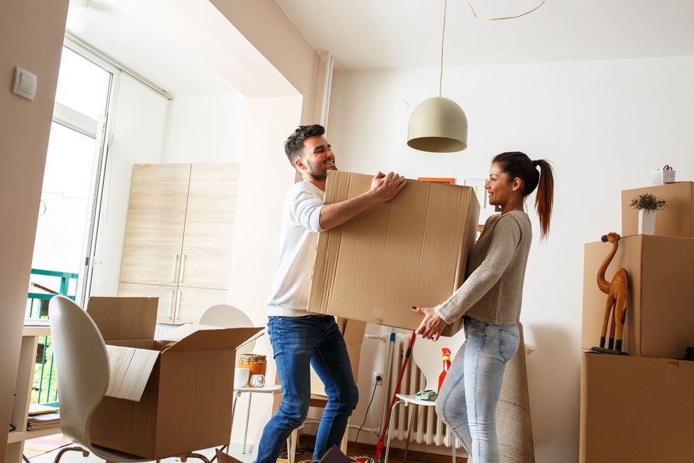 A Man and A Woman Are Carrying Boxes Into a New Home — Armstrong Removals in Ninderry, QLD