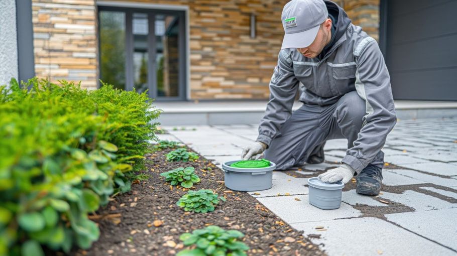 Worker kneeling by a garden bed, applying material with a trowel beside a stone walkway.