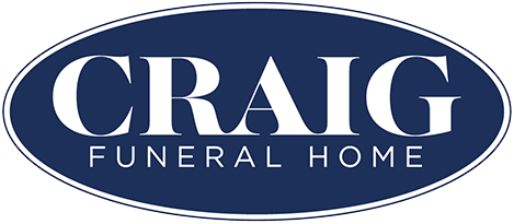 Logo for Craig Funeral Home, white text on a blue oval background.