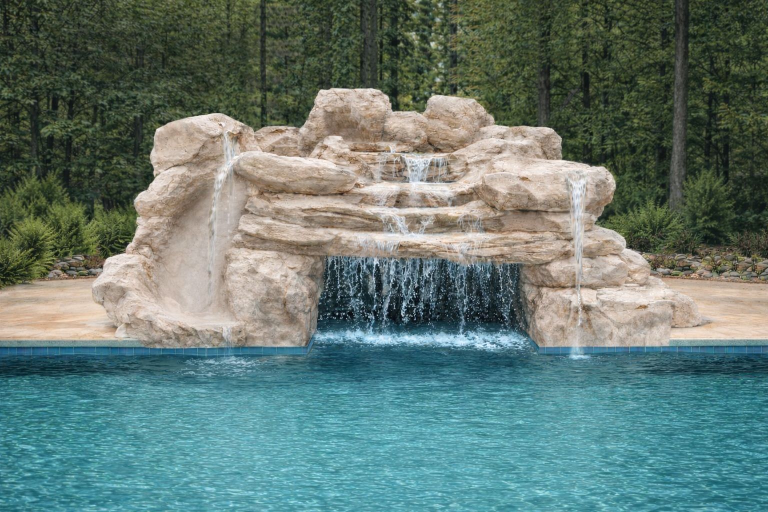 Waterfall feature cascading into a swimming pool; beige rock structure; blue water, trees in the background.
