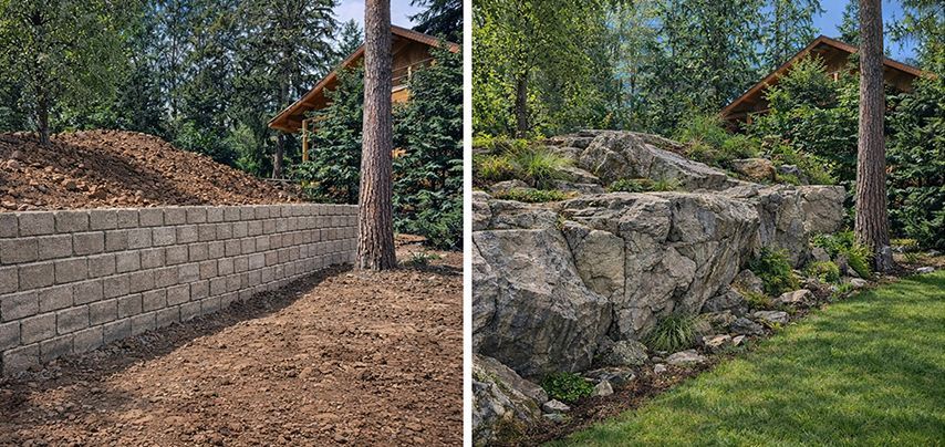 Comparison of a retaining wall made of blocks and a natural stone wall in a yard.