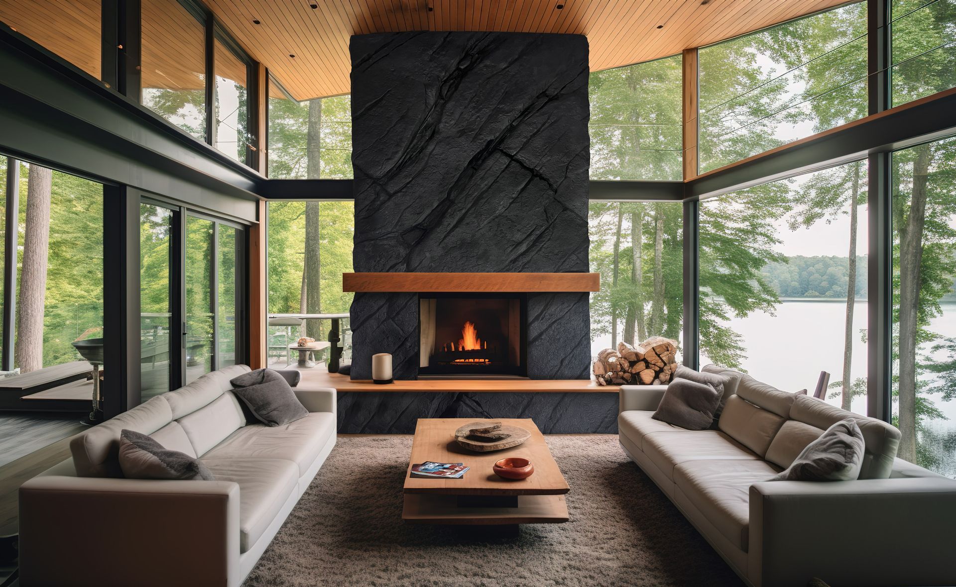 Living room with floor-to-ceiling windows overlooking a lake and forest. Features stone fireplace, sofas, and coffee table.