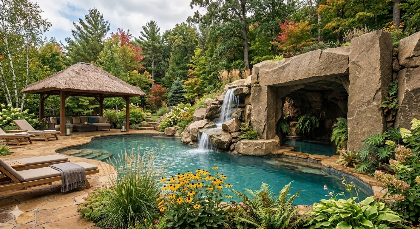 Pool with waterfall, stone grotto, and gazebo in a lush outdoor setting.