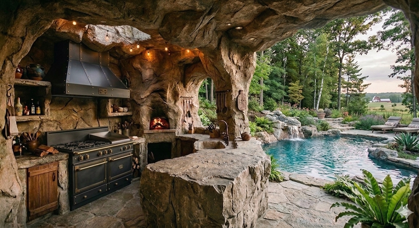 Outdoor kitchen with stone walls, pool, trees. Large grill, fireplace, bar area.
