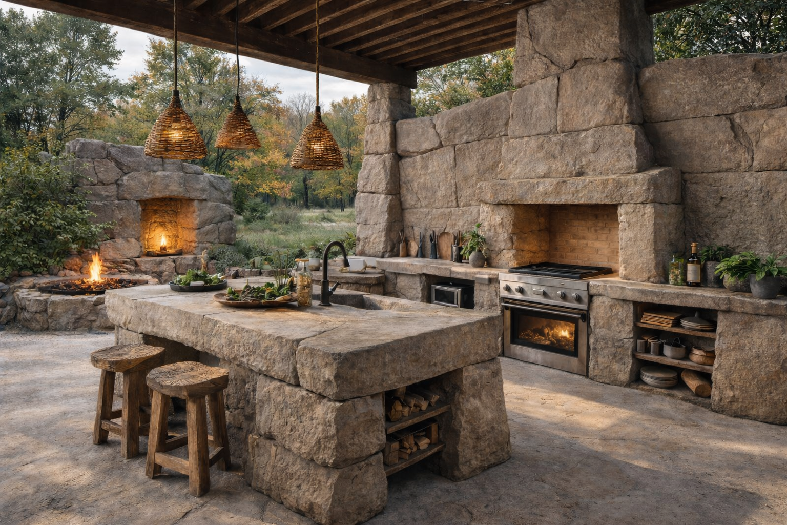 Outdoor kitchen with stone walls, island, and appliances, under a wooden pergola.