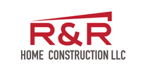 The logo for r & r home construction llc is red and white.