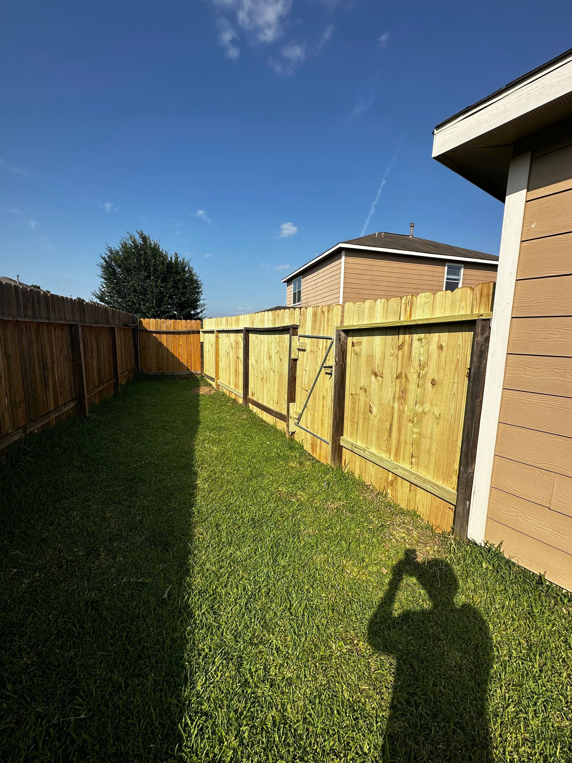 A shadow of a person is cast on the grass in a backyard with a wooden fence.