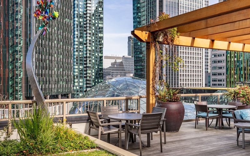 Rooftop outdoor terrace with seating surrounded by greenery and city skyscrapers.