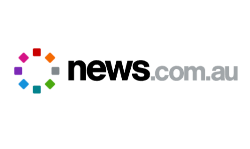 Logo for news.com.au: Colorful circular graphic left of black text, 