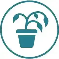 A teal-colored icon of a drooping, wilted plant in a flower pot, enclosed within a circular border.