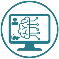 Teal icon of a computer monitor displaying a human-like brain connected to digital circuits, a person, and a mouse.