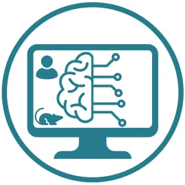 Teal icon of a computer monitor displaying a human-like brain connected to digital circuits, a person, and a mouse.