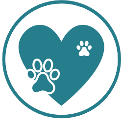 A teal heart inside a circle, featuring a large outlined paw print and a small solid white paw print.