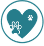A teal heart inside a circle, featuring a large outlined paw print and a small solid white paw print.
