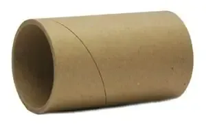 A brown cardboard toilet paper roll lying horizontally against a plain white background.