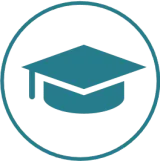 A teal-colored icon of a graduation cap centered within a circle of the same color.