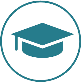 A teal-colored icon of a graduation cap centered within a circle of the same color.