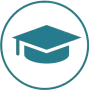 A teal-colored icon of a graduation cap centered within a circle of the same color.