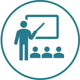 A teal icon of a person pointing at a whiteboard in front of three seated individuals within a circle.