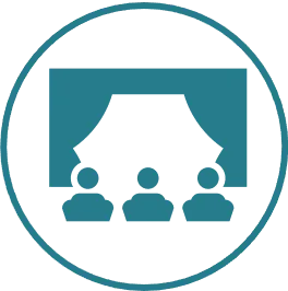 A teal icon depicting three abstract figures sitting in a row facing a stage with hanging curtains, inside a circle.