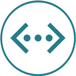 A teal circle containing two brackets facing outward with three horizontal dots in the center.