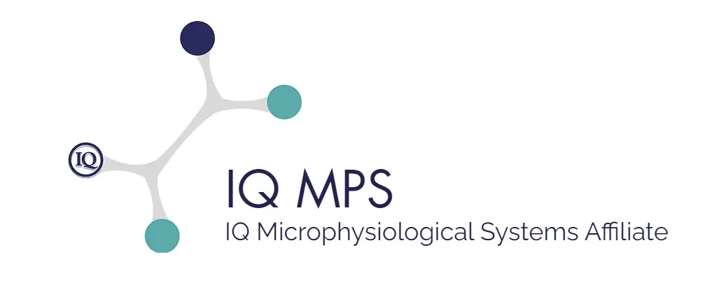 Logo for IQ MPS (IQ Microphysiological Systems Affiliate) featuring a molecular structure icon in dark blue and teal.