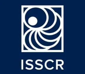 The ISSCR logo features a white abstract swirl of circles within a square on a dark blue background.