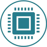 A teal-colored icon of a computer processor chip centered inside a circle.
