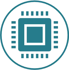 A teal-colored icon of a computer processor chip centered inside a circle.