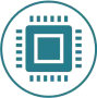 A teal-colored icon of a computer processor chip centered inside a circle.