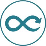 Teal infinity symbol shaped like a continuous arrow inside a matching circular border.