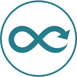 Teal infinity symbol shaped like a continuous arrow inside a matching circular border.