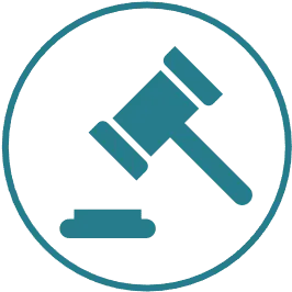 A teal-colored icon of a judge’s wooden gavel striking a sound block, enclosed within a circular border.