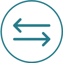 Teal icon featuring two horizontal arrows pointing in opposite directions, enclosed within a circle.