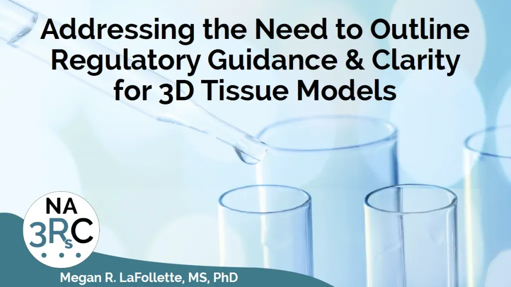 Title slide for a presentation on regulatory guidance for 3D tissue models, featuring a logo and laboratory beakers.