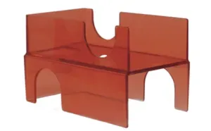 A red, semi-transparent acrylic small animal hideout with two arched entryways and a second-level platform.