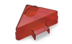 A translucent red, triangular plastic cover designed for a protective switch guard or emergency stop button.