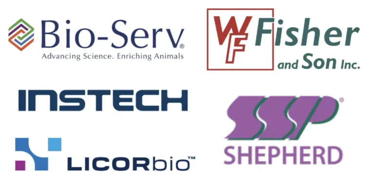 A collage of five corporate logos: Bio-Serv, W.F. Fisher and Son Inc., Instech, LI-COR Biosciences, and Shepherd.