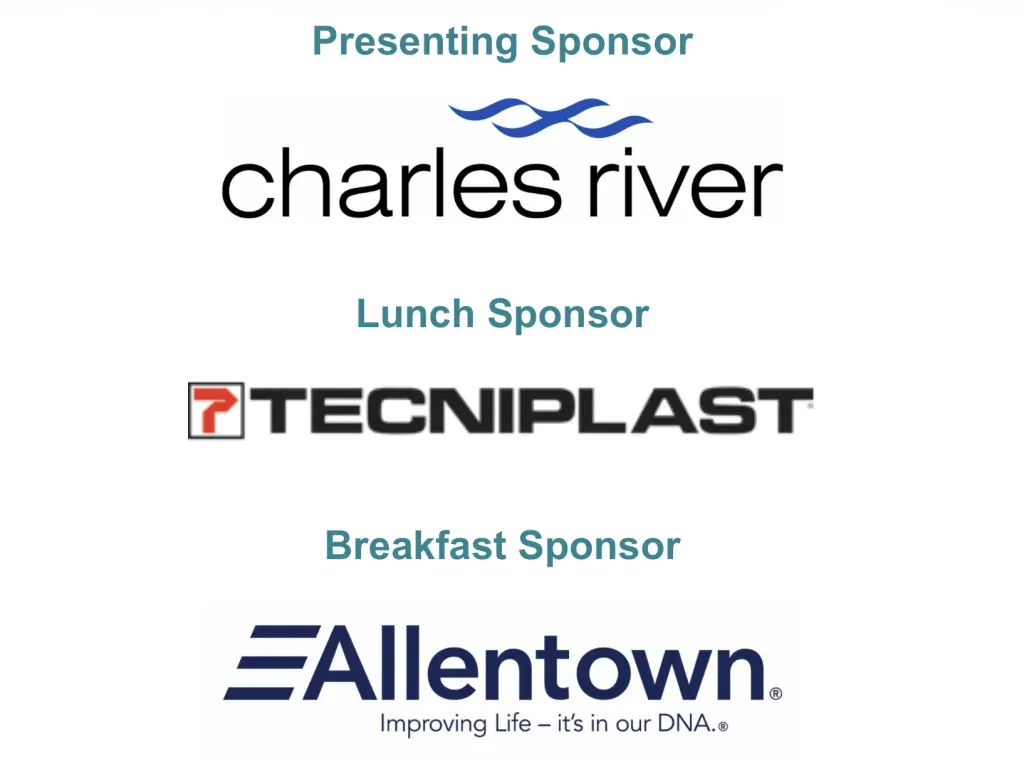 Sponsorship list: Presenting Sponsor Charles River, Lunch Sponsor Tecniplast, and Breakfast Sponsor Allentown.