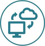 A teal-colored icon showing a computer monitor and a cloud with two arrows in a circular motion representing data sync.