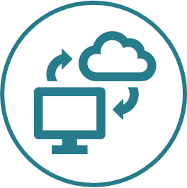 A teal-colored icon showing a computer monitor and a cloud with two arrows in a circular motion representing data sync.