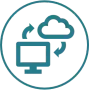 A teal-colored icon showing a computer monitor and a cloud with two arrows in a circular motion representing data sync.