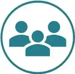 Teal icon of three stylized human figures arranged in a triangular formation inside a circle.