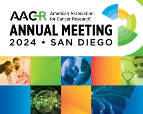 The AACR Annual Meeting 2024 San Diego logo and banner featuring diverse images of medical research and patient care.