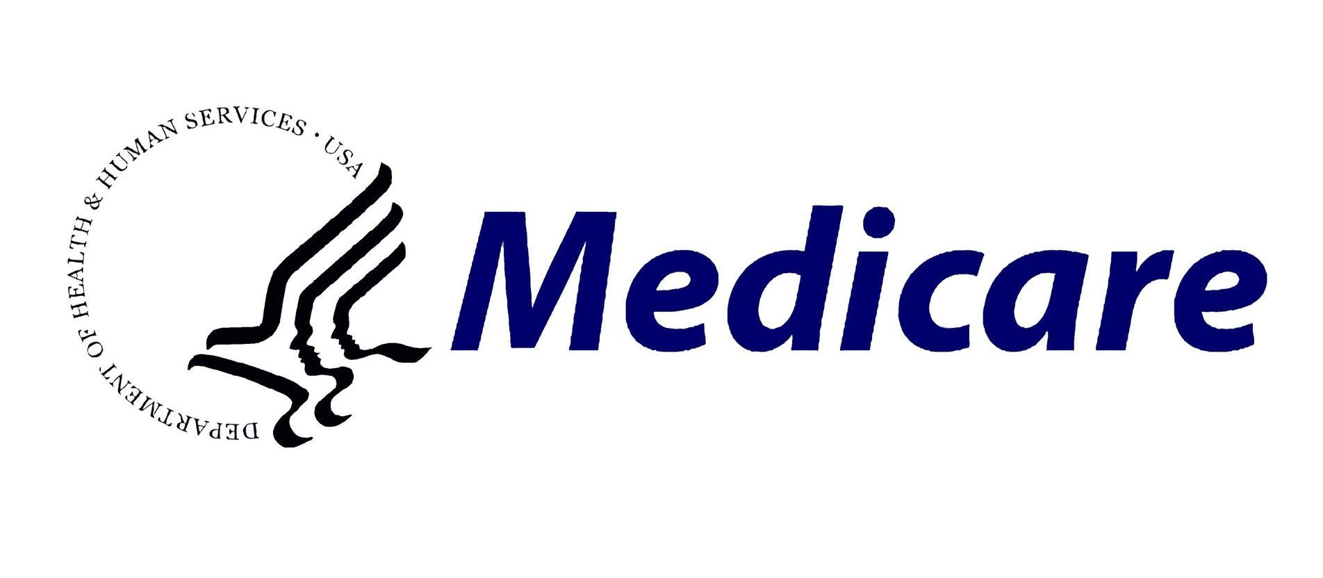 A blue and white logo for medicare on a white background.