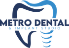 The logo for metro dental and implant studio shows a tooth.